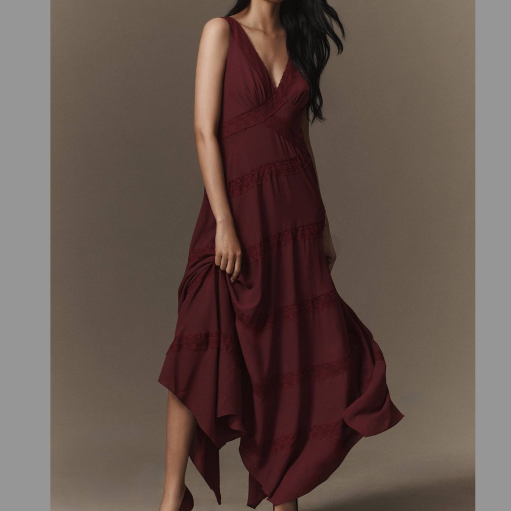 NWT Anthropologie BHLDN Gracie V-Neck Lace Georgette Ruffle Maxi Dress